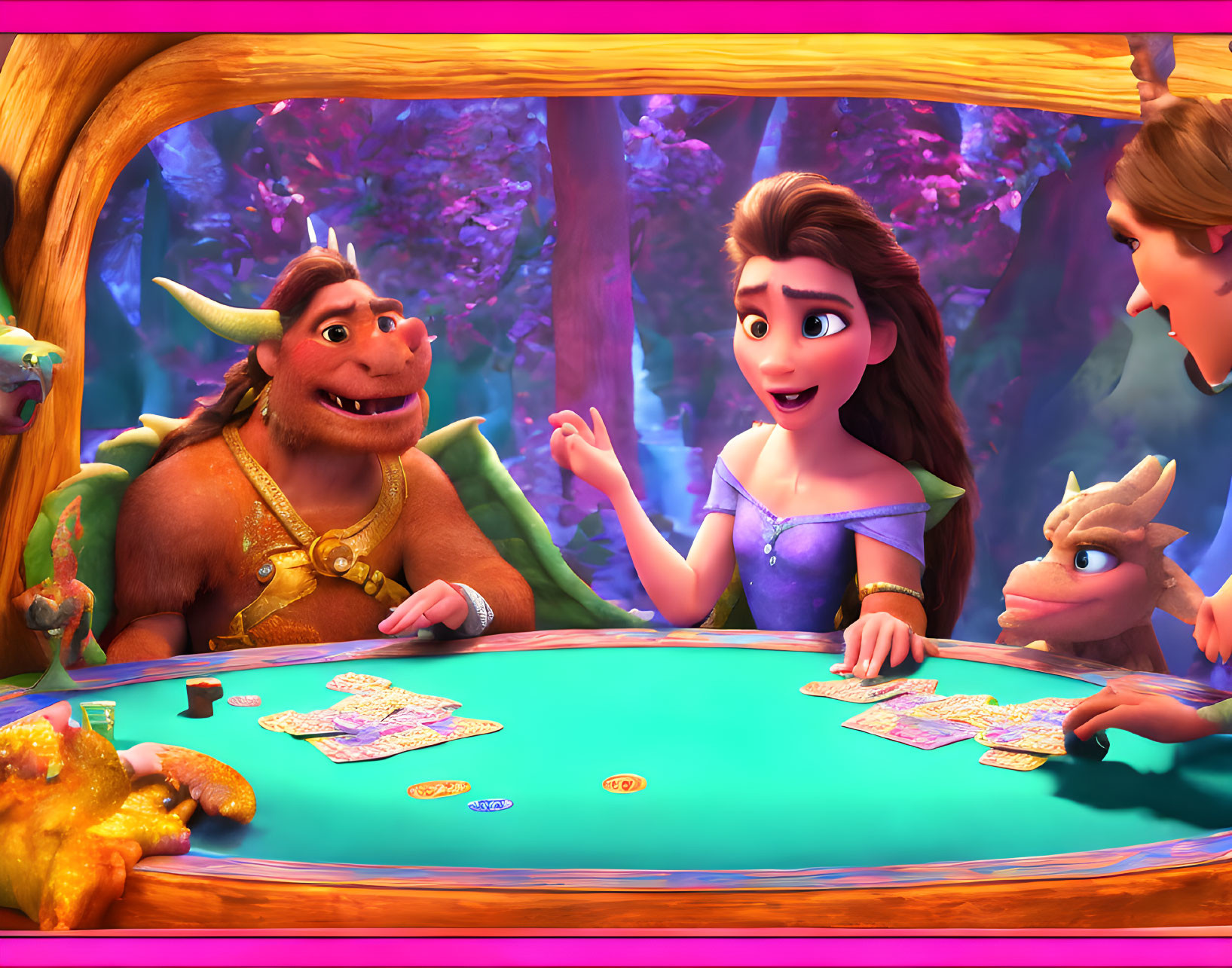 Enchanted forest scene with animated characters playing cards