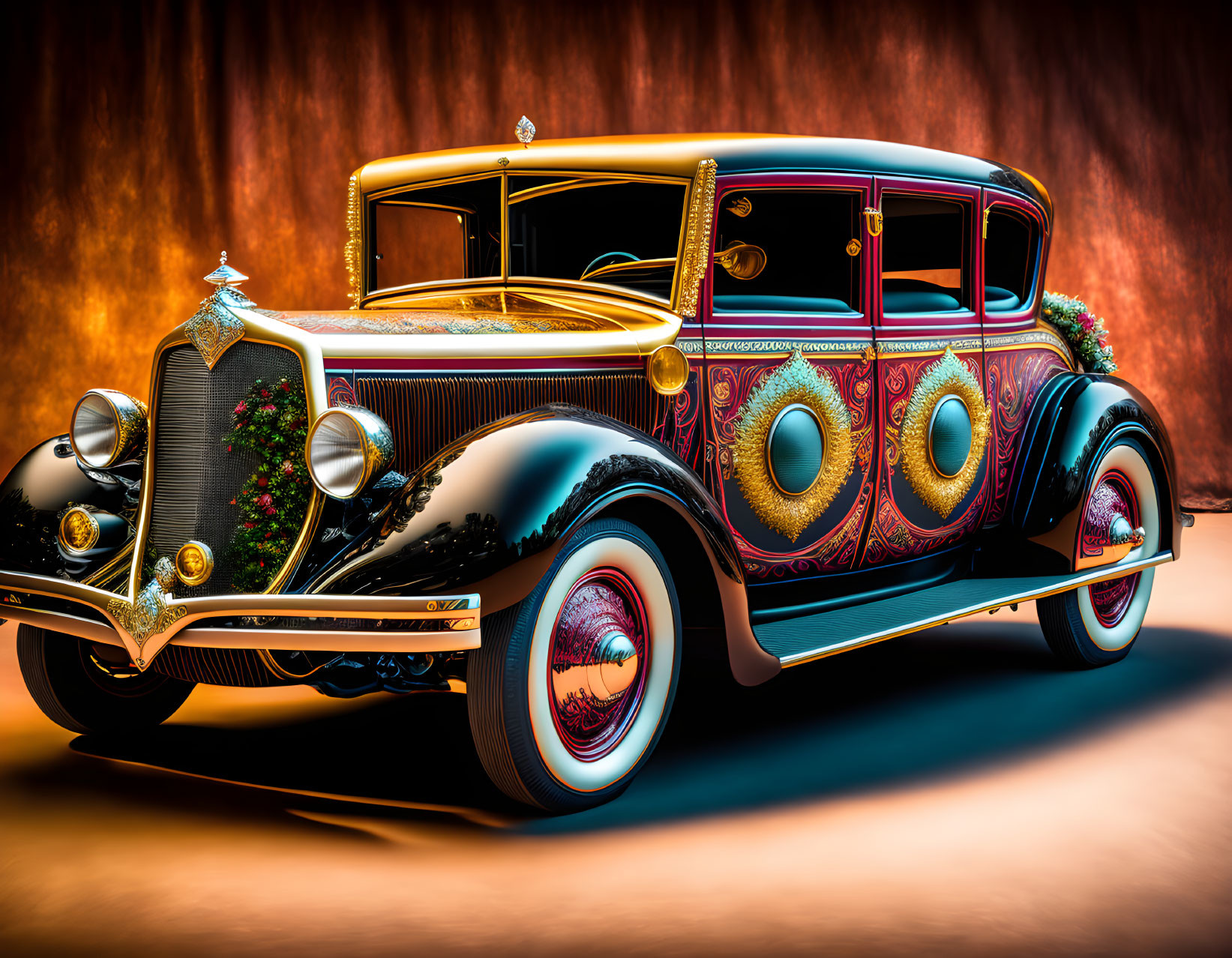 Ornate and Vibrant Classic Car in Dramatic Lighting