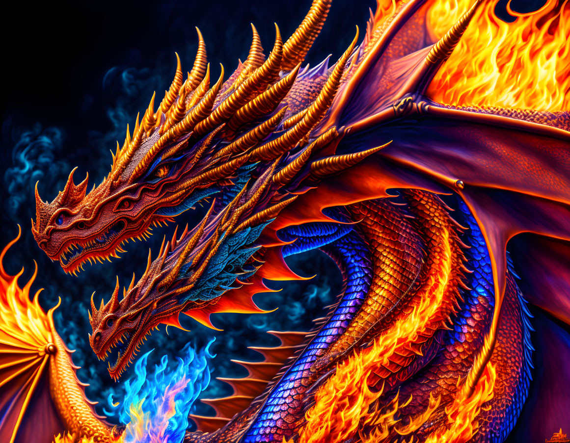 Two-headed dragon digital artwork with blue and orange scales