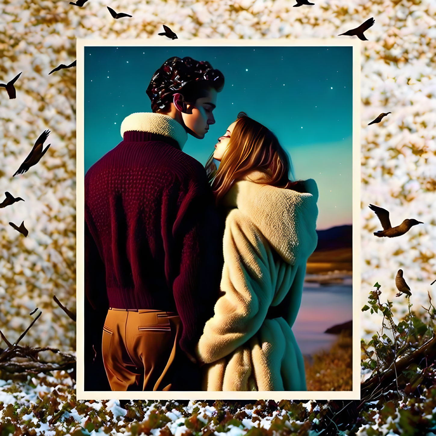 Couple Embracing at Twilight with Starry Sky and Birds in Romantic Scene