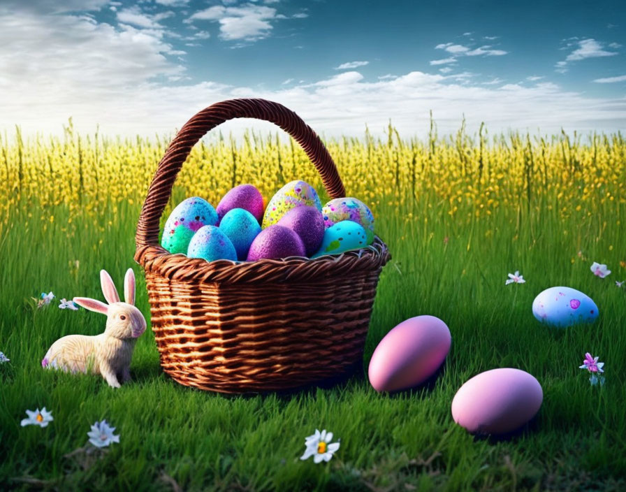 Colorful Easter eggs in wicker basket with bunny, wildflowers, and blue sky