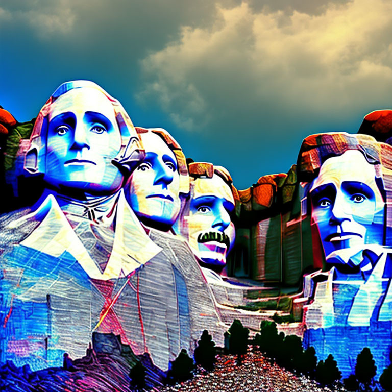 Vibrant digitally altered Mount Rushmore with blue and red overlay