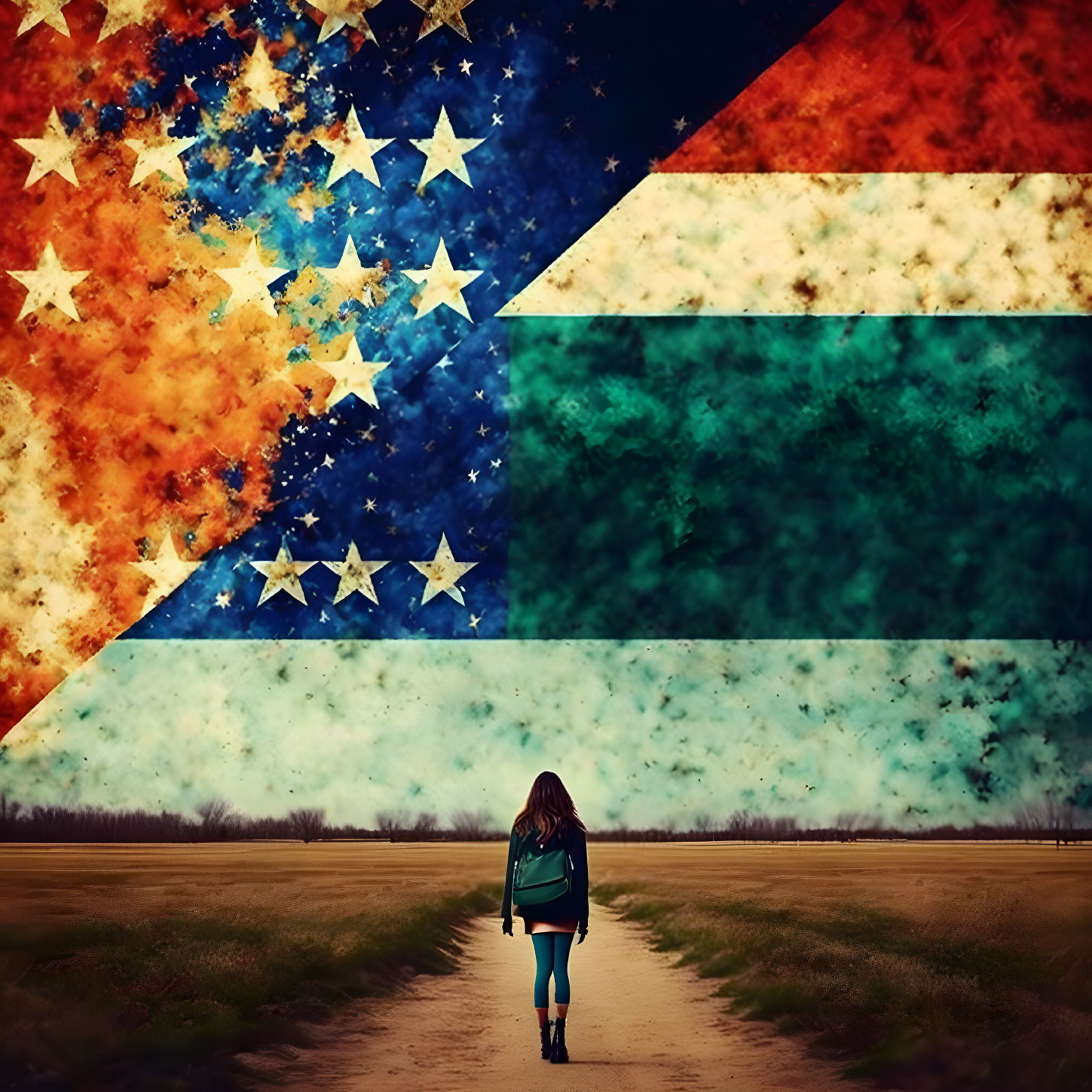 Person walking on rural path with overlaid American flag texture and field landscape