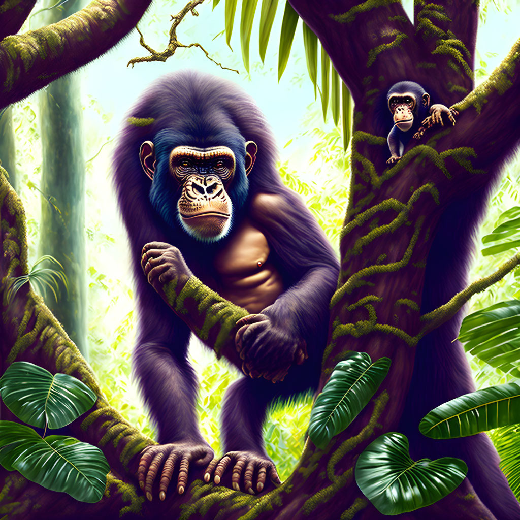 Muscular chimpanzee with contemplative gaze in jungle setting