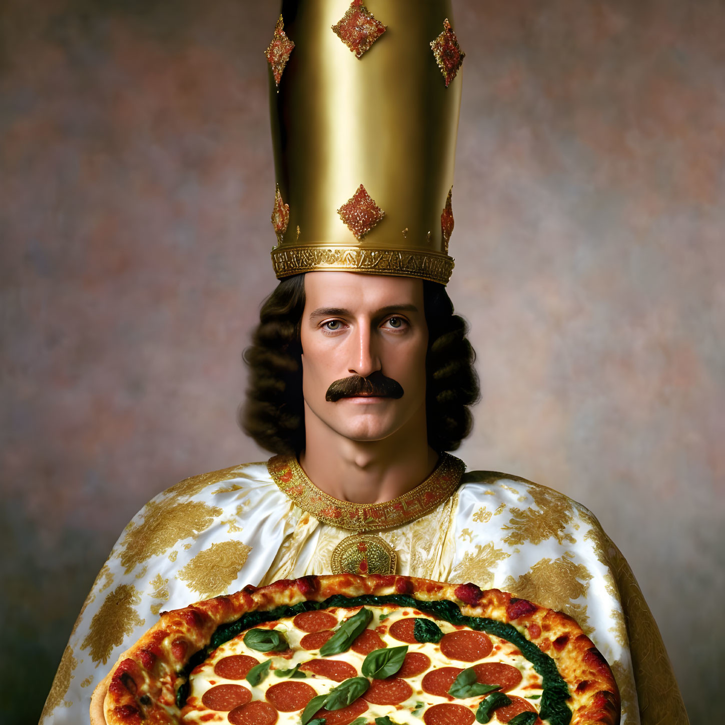 Man with Mustache in Golden Crown & Robe Holding Pepperoni Pizza