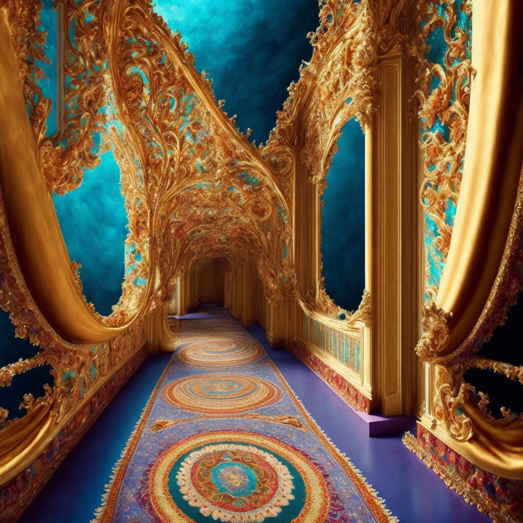 Luxurious Golden Ornamental Corridor with Blue Ceiling & Circular Carpet