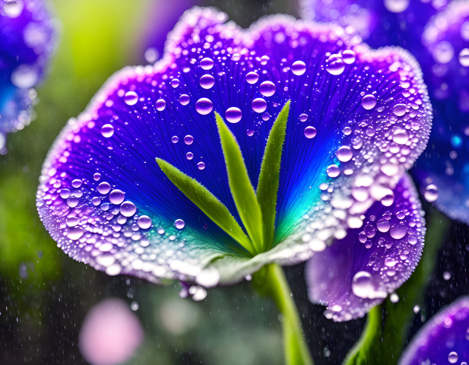 Vibrant blue-purple flower with water droplets on petals against blurred background