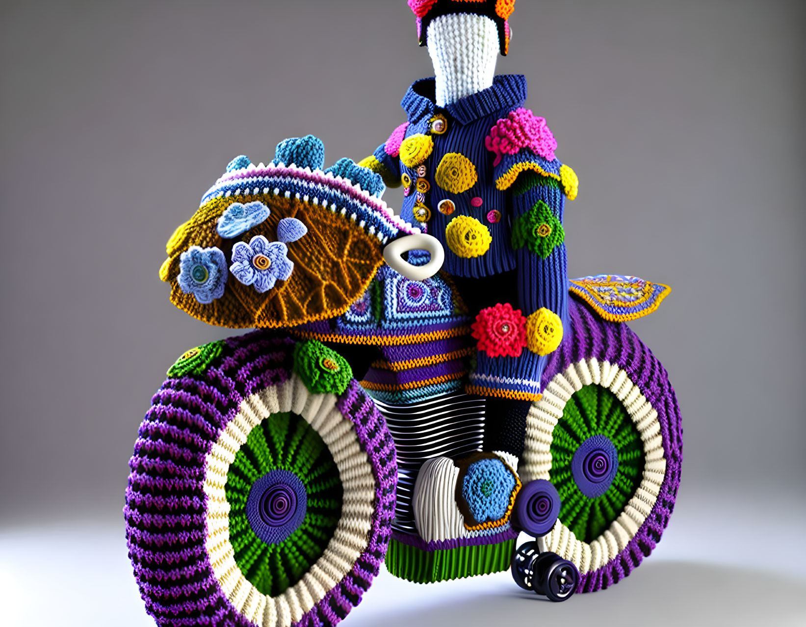 Colorful Yarn Sculpture: Motorcycle with Floral and Geometric Crochet Designs