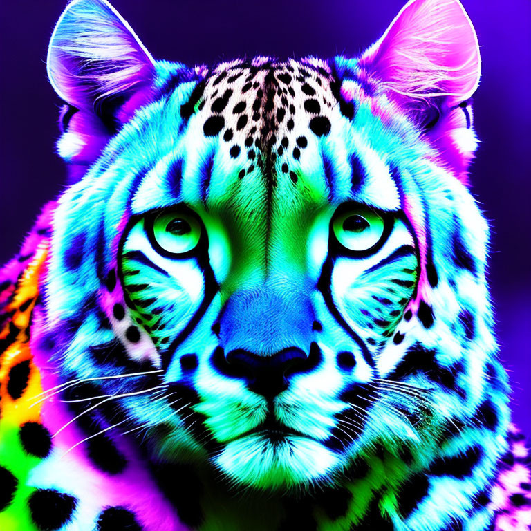 Vivid neon colors transform tiger with purple, blue, green, and yellow hues