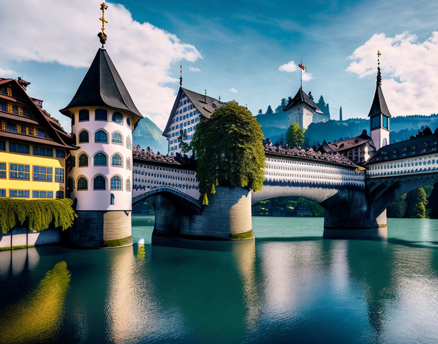 Historic bridge over river with European buildings and castle on hill