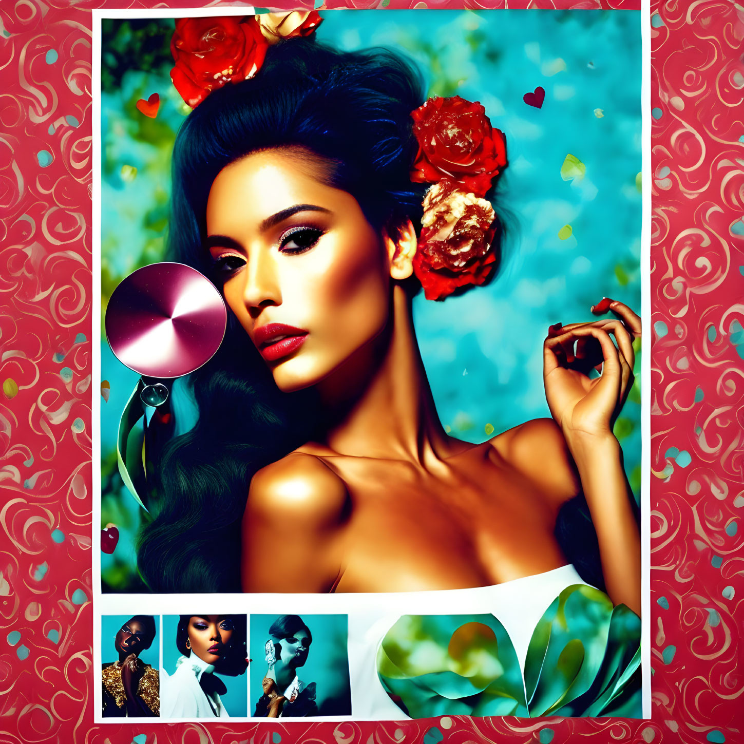 Stylized portrait of woman with elegant makeup and flower accents on vibrant background