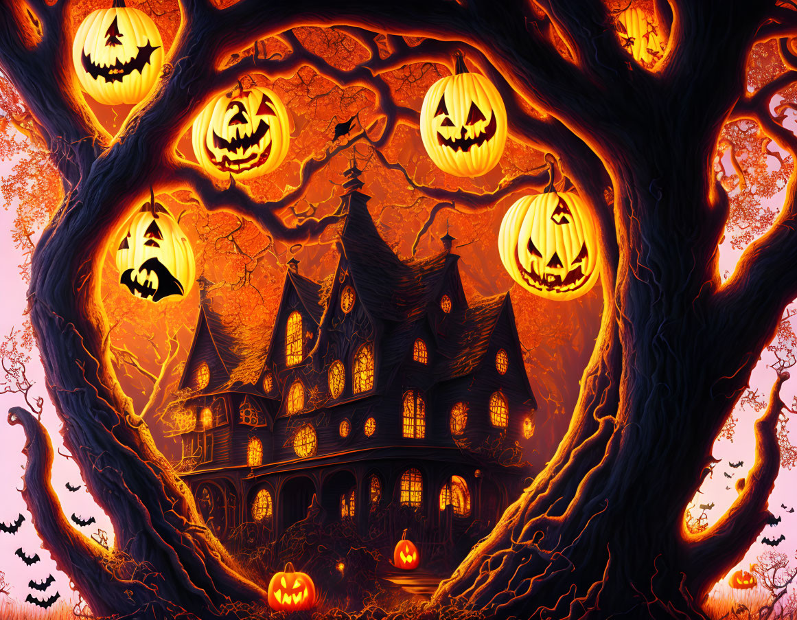 Haunted house surrounded by floating jack-o'-lanterns and twisted trees