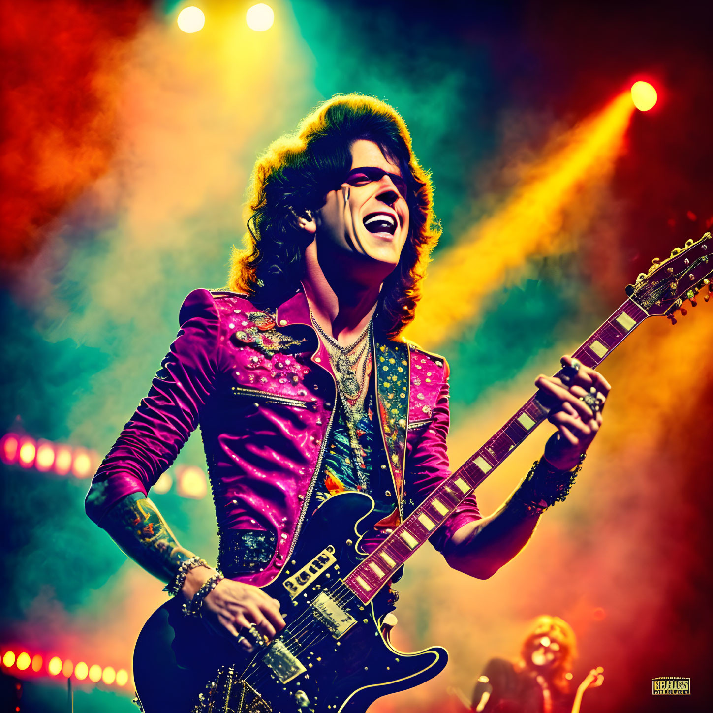 Vibrant guitarist on stage in glittering red jacket playing electric guitar under colorful lights