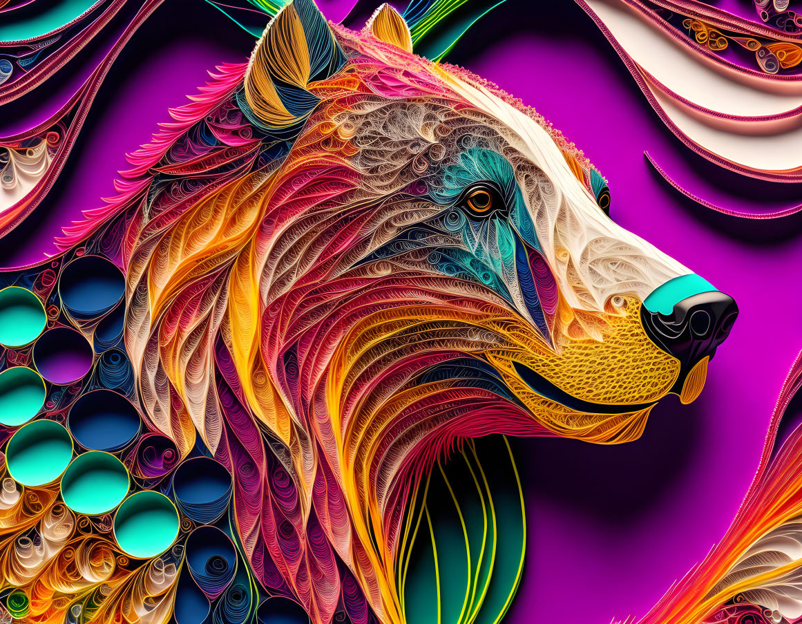 Colorful Digital Art: Bear with Intricate Patterns on Purple Background