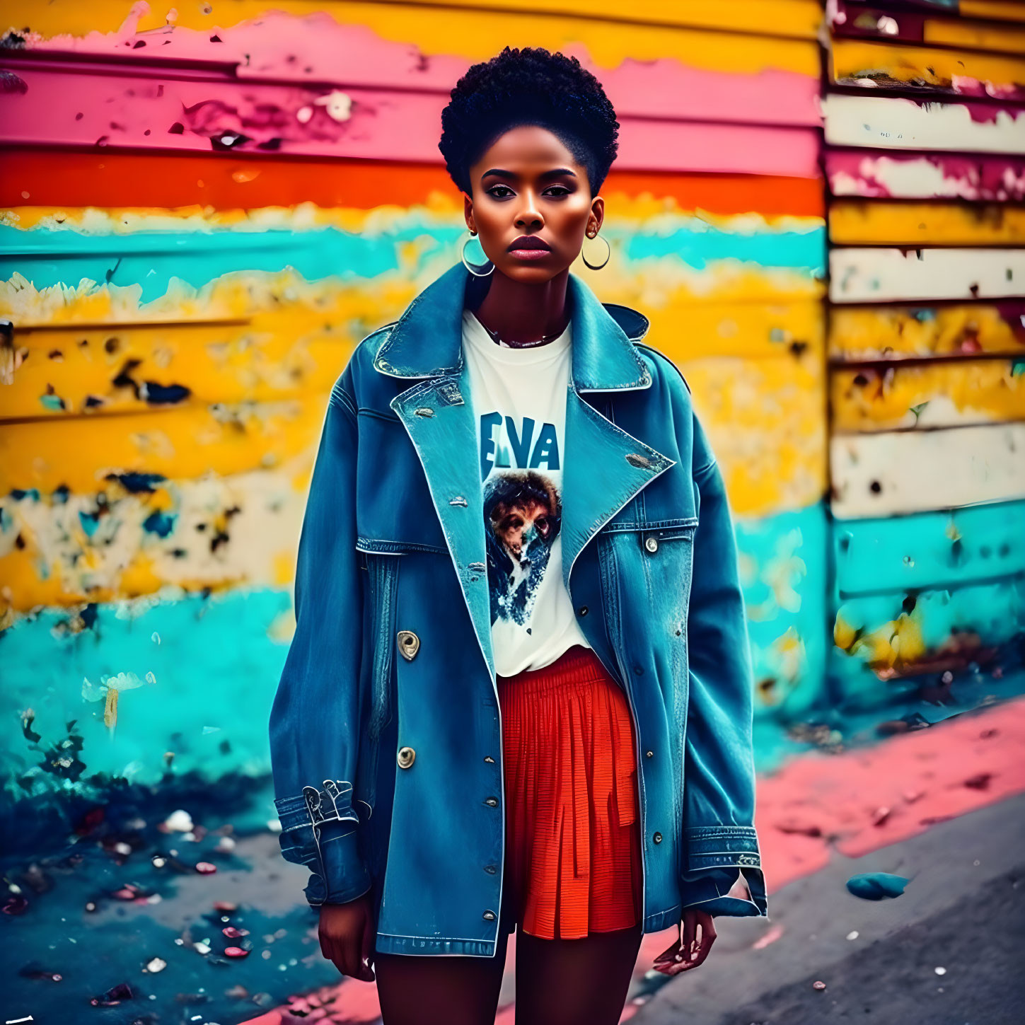 Stylish woman with afro hairstyle against vibrant graffiti wall