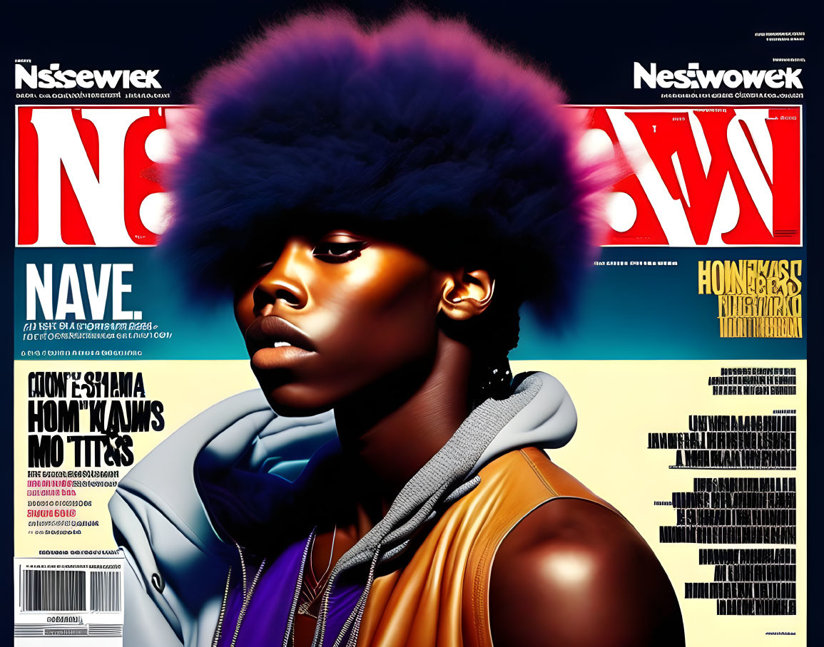 Person with Afro in Orange Jacket and Purple Lipstick on Magazine Background