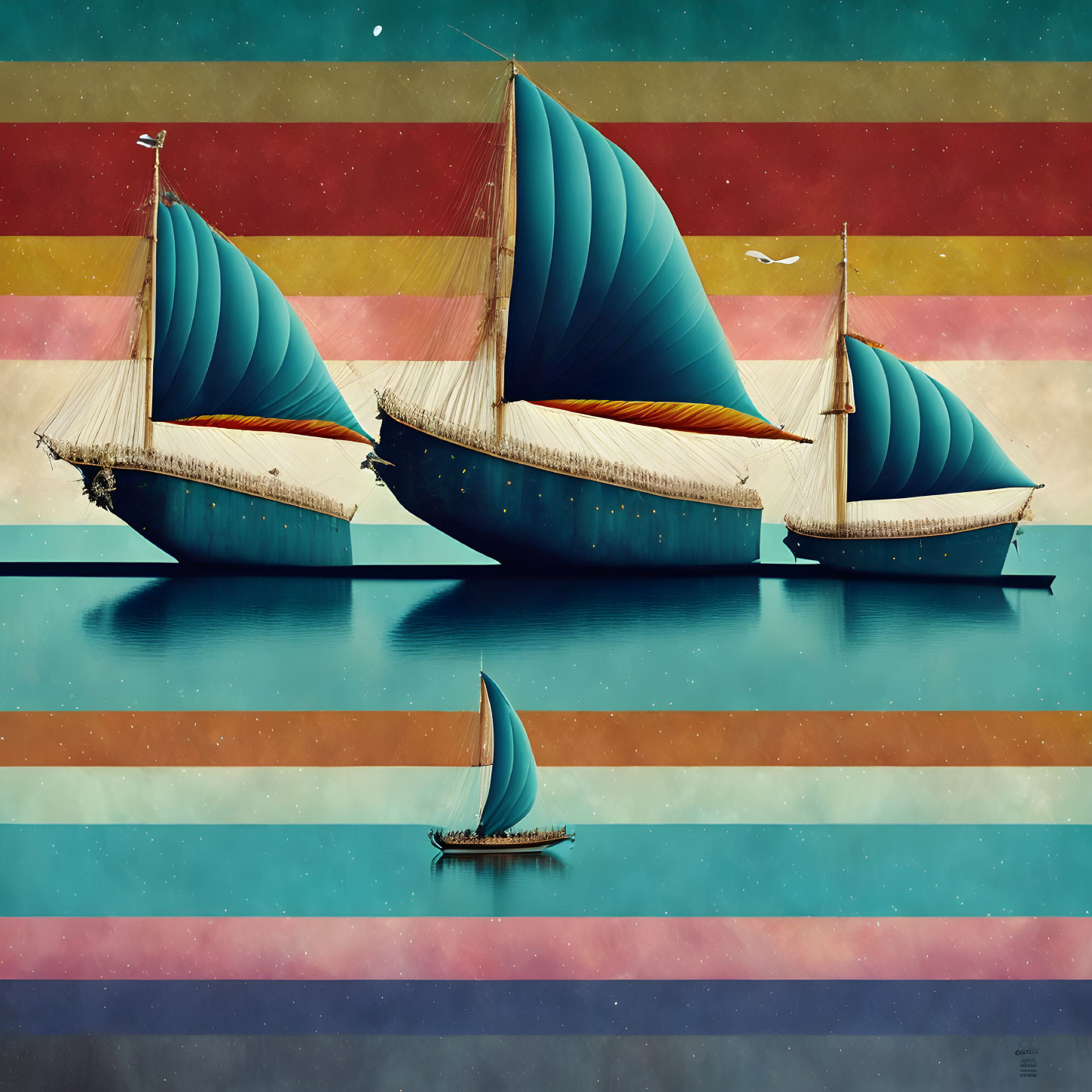 Stylized sailboats with blue sails on calm sea and multicolored background.