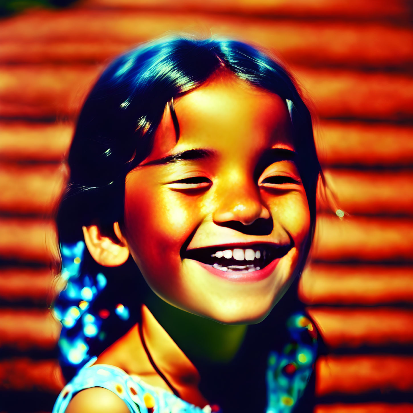 Young girl with blue-hued hair smiling against warm-toned backdrop