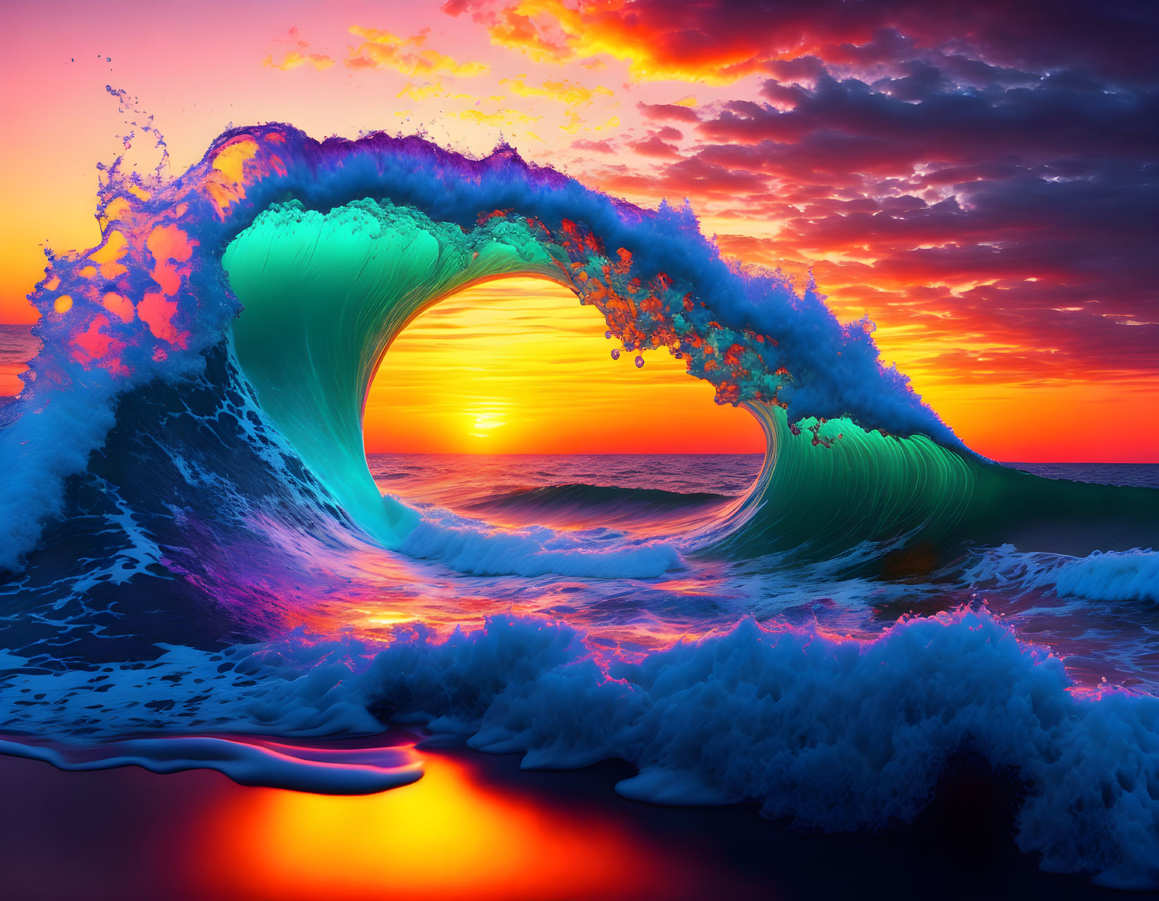 Colorful Seascape with Curling Wave at Sunset Sky