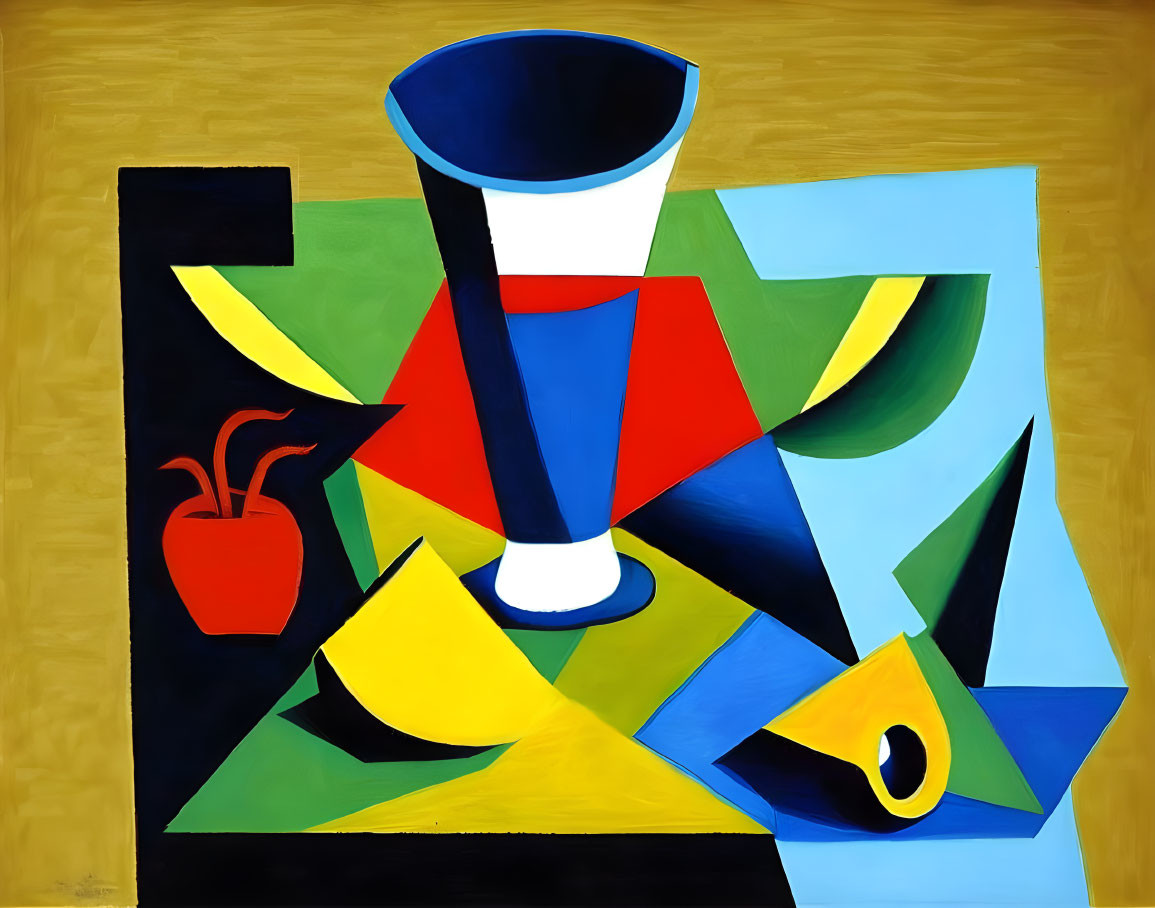 Geometric Abstract Painting with Vibrant Colors and Jug-like Figure