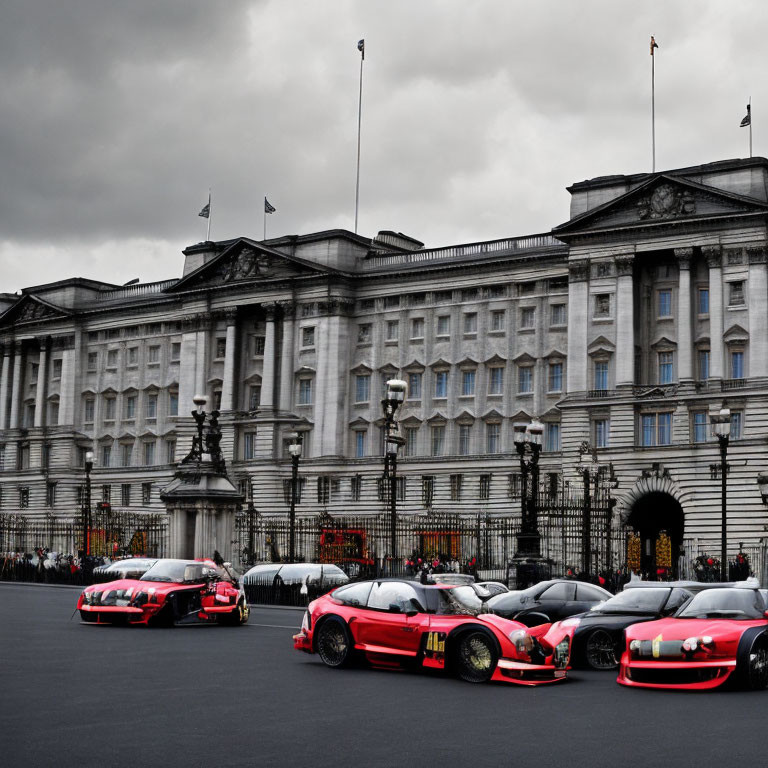 Red Sports Cars Parked in Front of Stately Building Under Overcast Sky