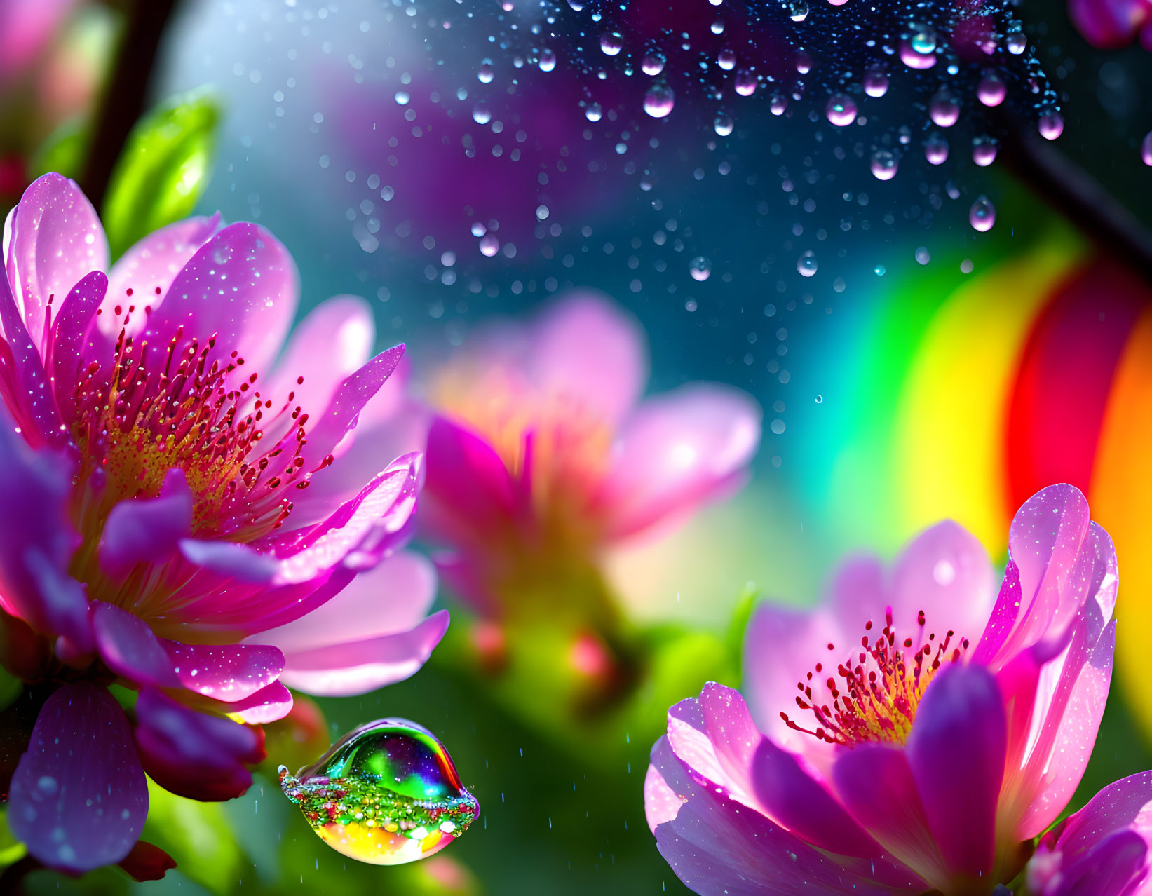 Detailed Pink Flowers with Water Droplets and Rainbow Background