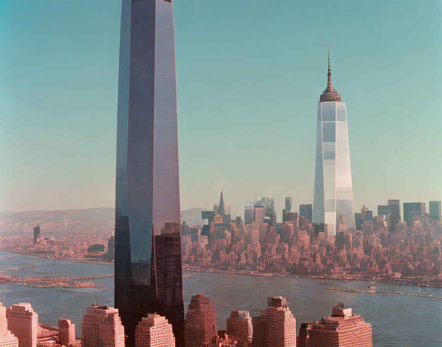 City skyline with two skyscrapers and dense buildings under clear blue sky