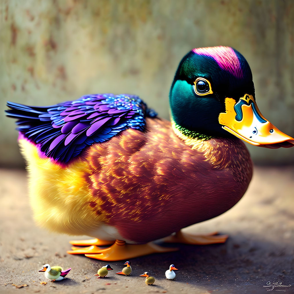 Colorful Duck with Exaggerated Features and Miniature Ducklings