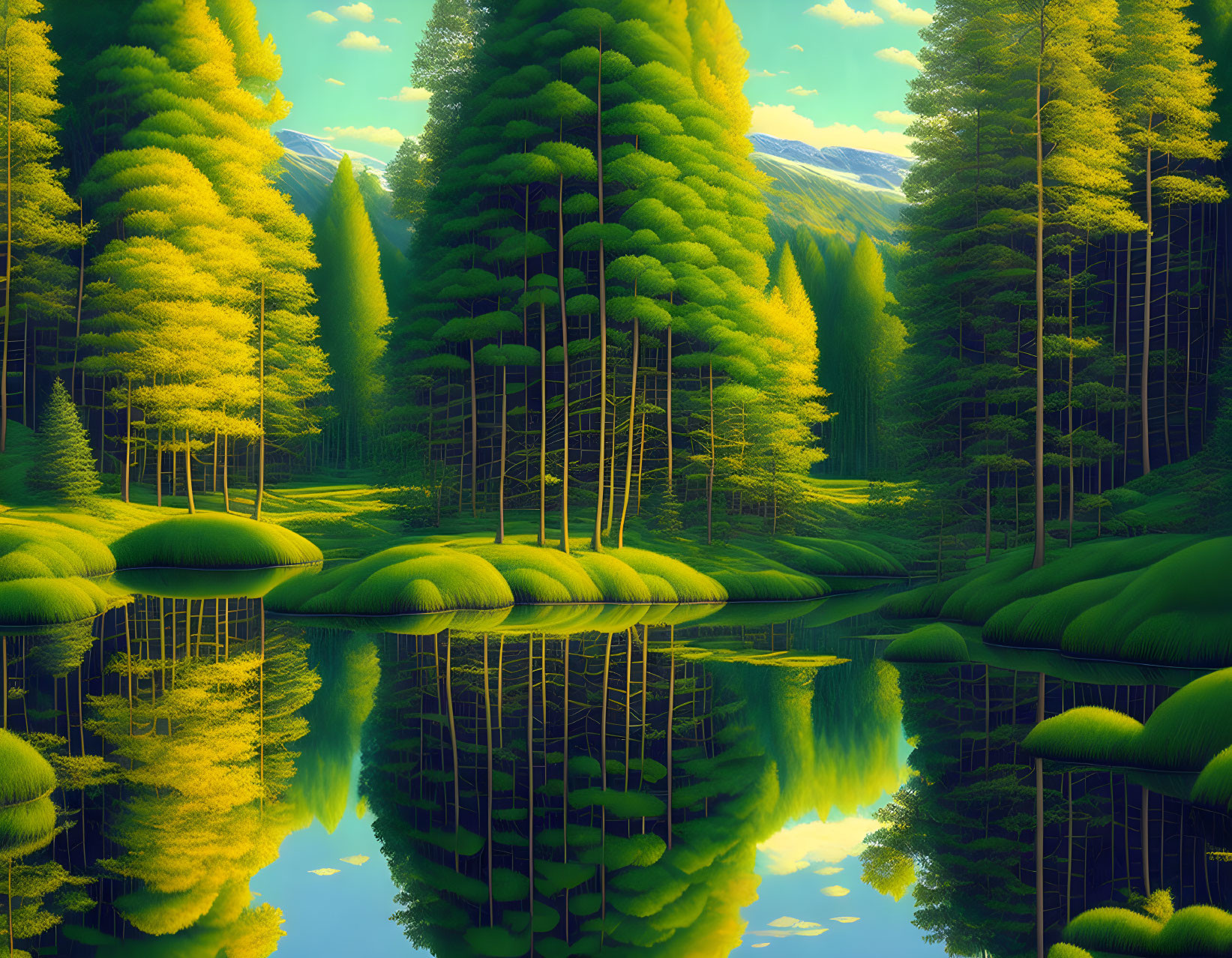 Tranquil forest scene with tall trees, lush underbrush, and calm lake under golden light