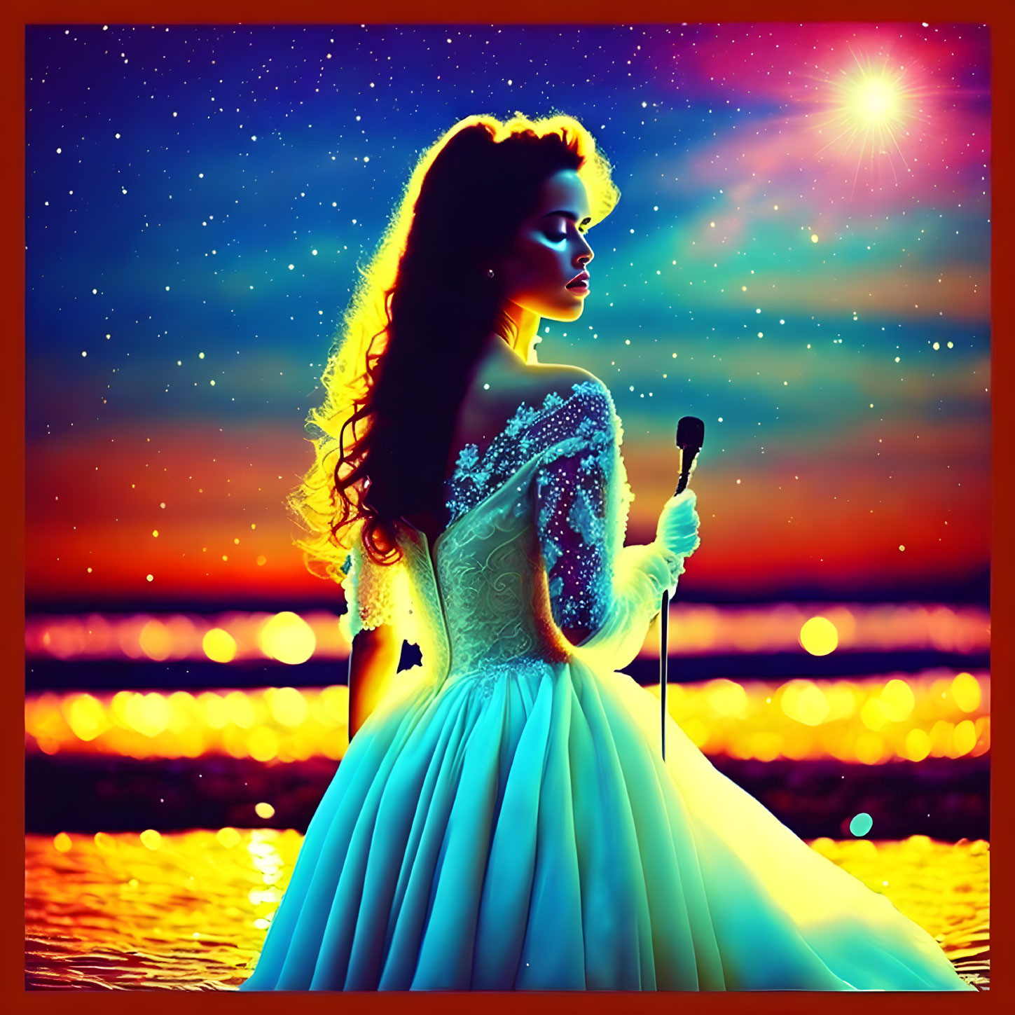 Woman in Blue Gown with Microphone at Sunset Beach