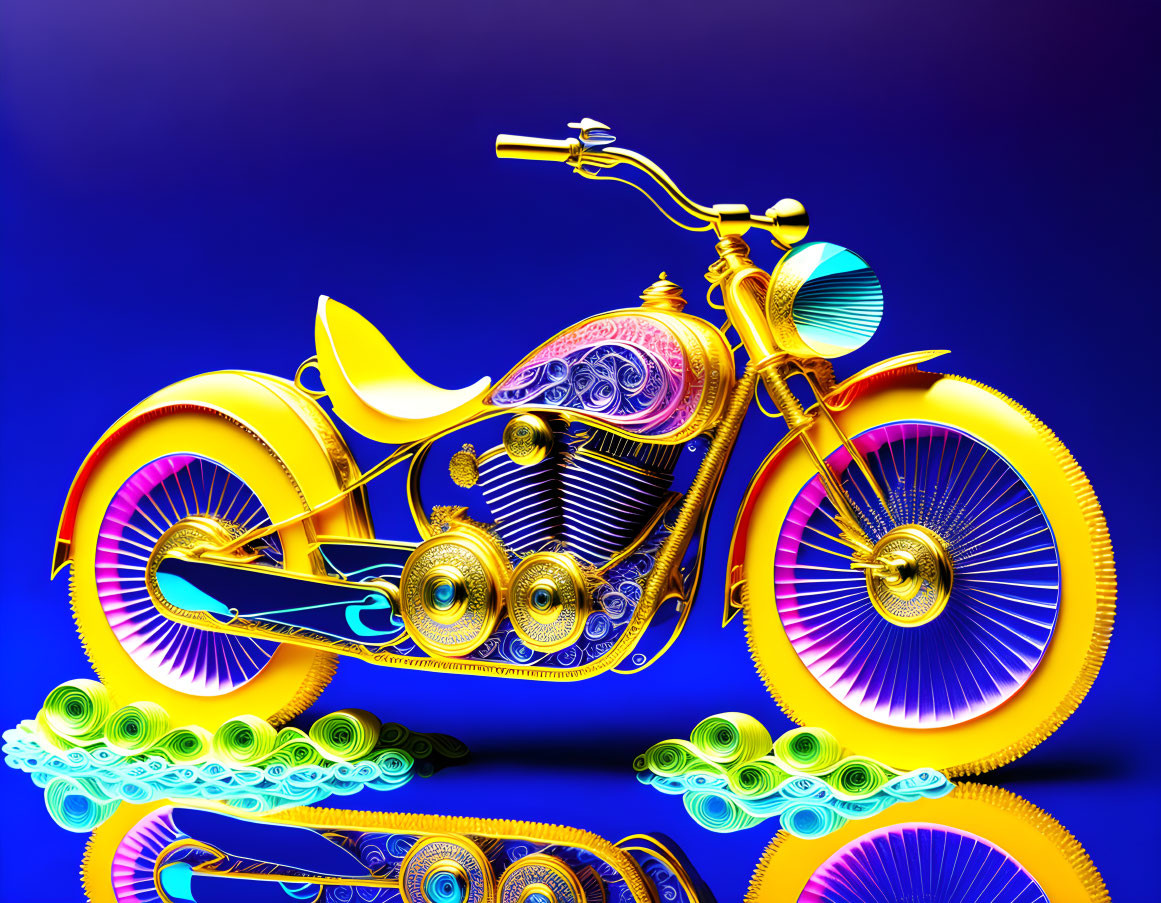 Vibrant 3D motorcycle illustration with colorful patterns on dark backdrop