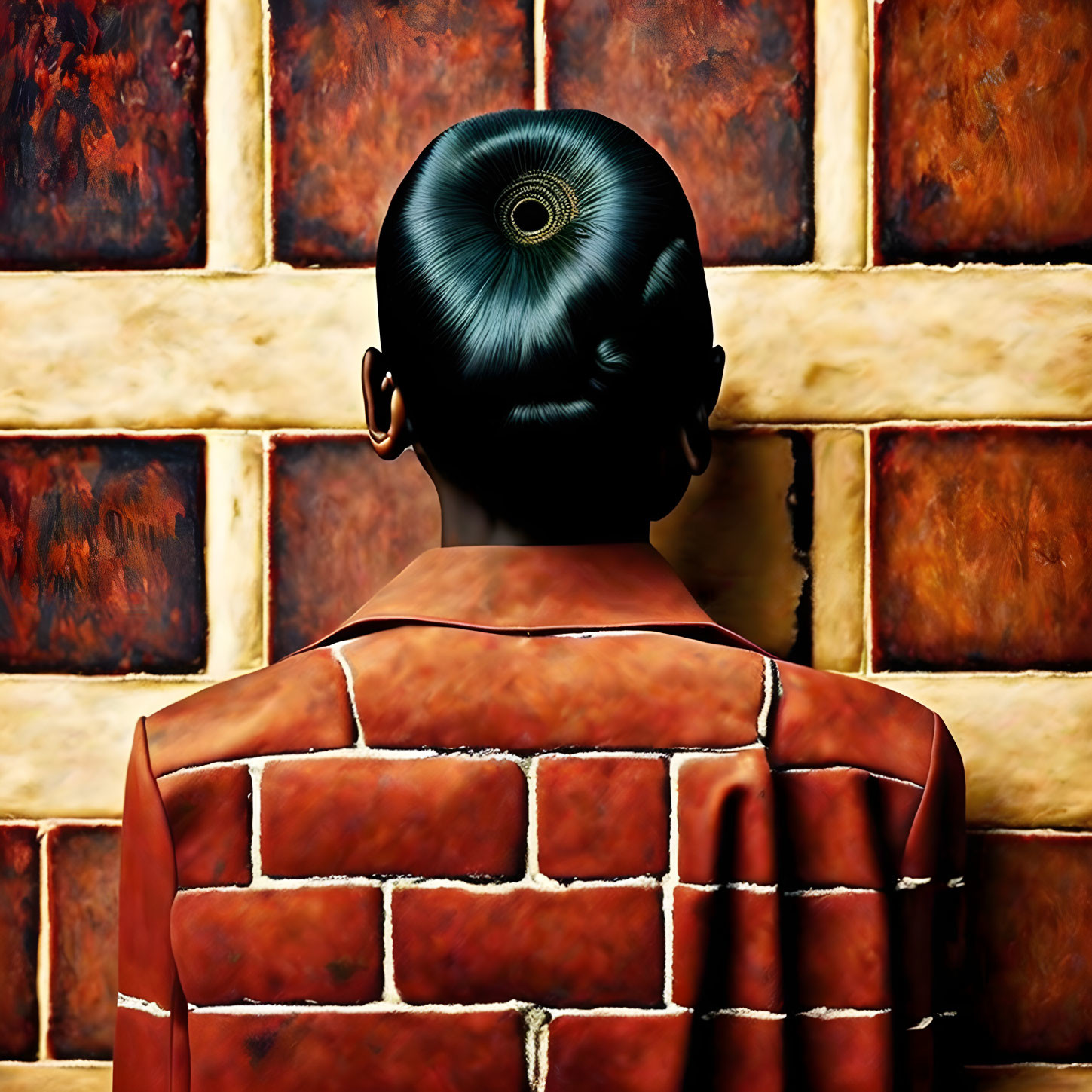 Person with brick wall texture clothes blending in, circular pattern on bald head.