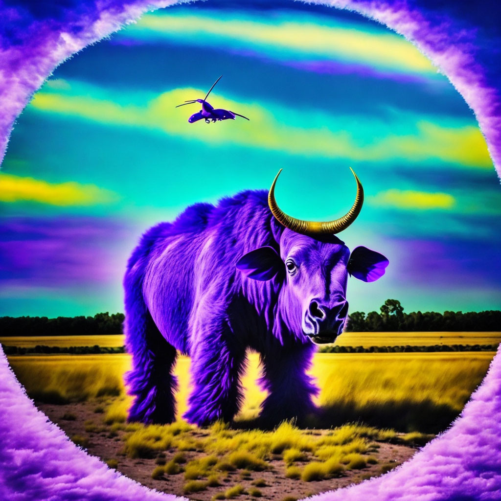 Colorful Psychedelic Purple Bison with Golden Horns and Dragonfly in Vibrant Scene