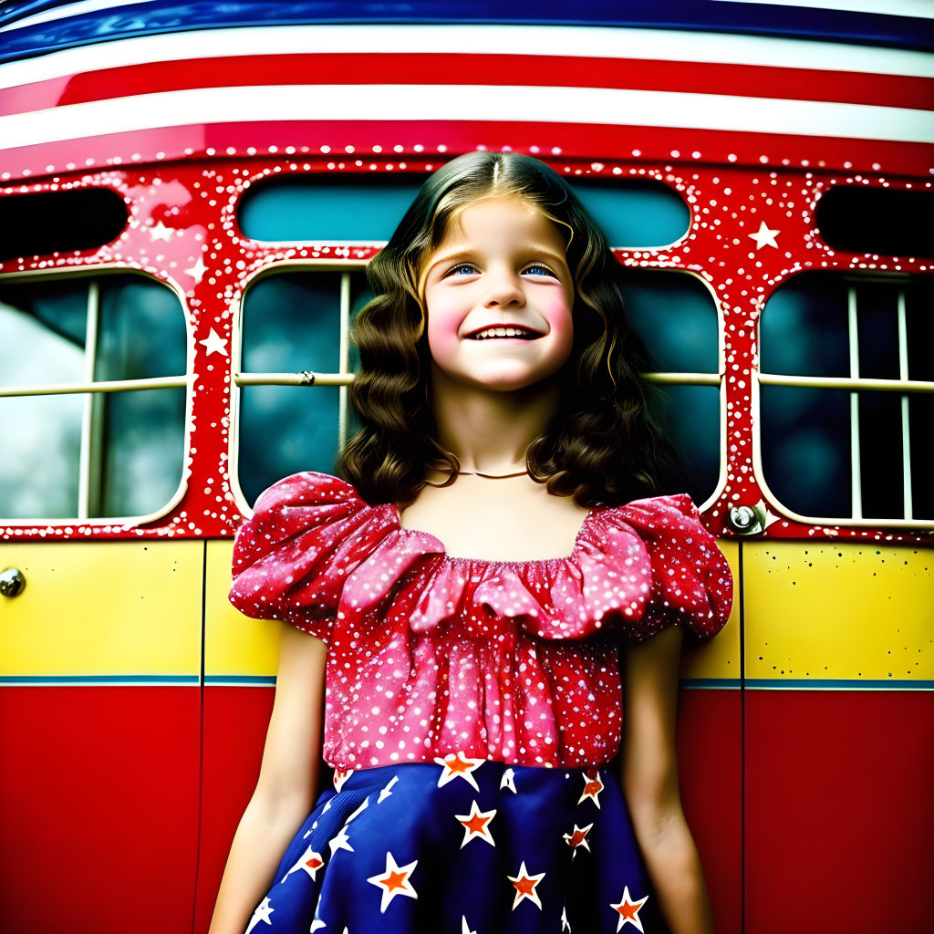 Young girl in star-spangled dress poses by vintage bus with stars-and-stripes design