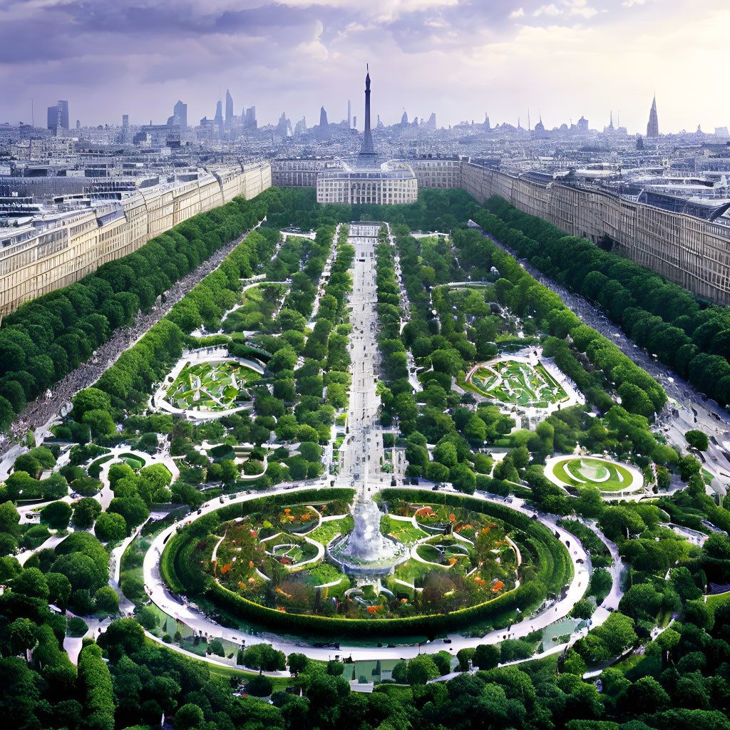 Symmetrical gardens and pathways in lush green park with city skyline