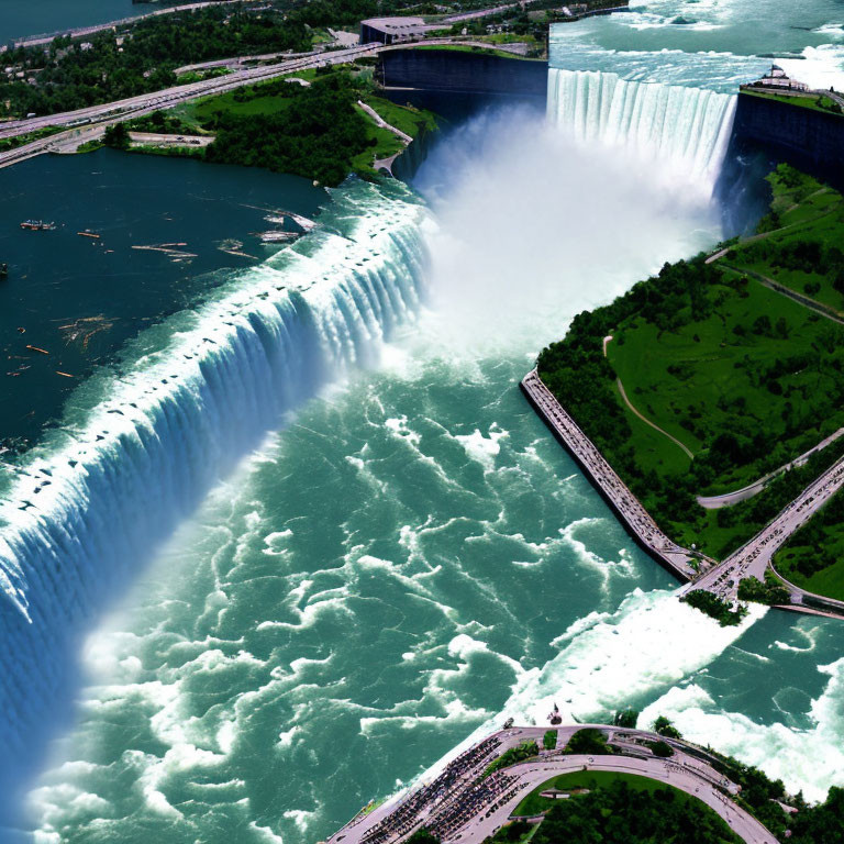 Majestic Niagara Falls with lush greenery and nearby roads