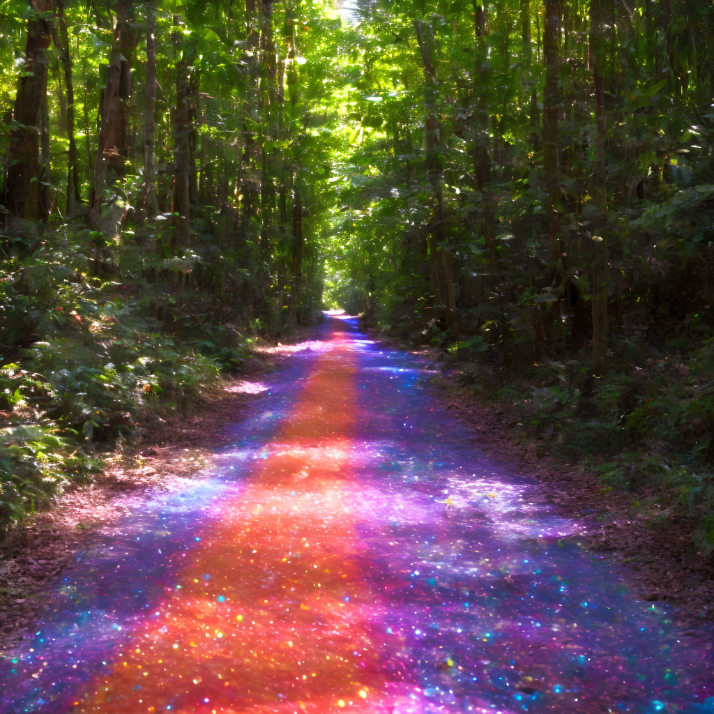 Forest Path with Colorful Light Spots and Sunbeams