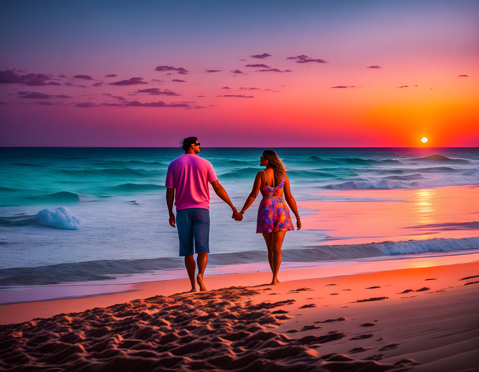 Romantic couple holding hands on beach at sunset