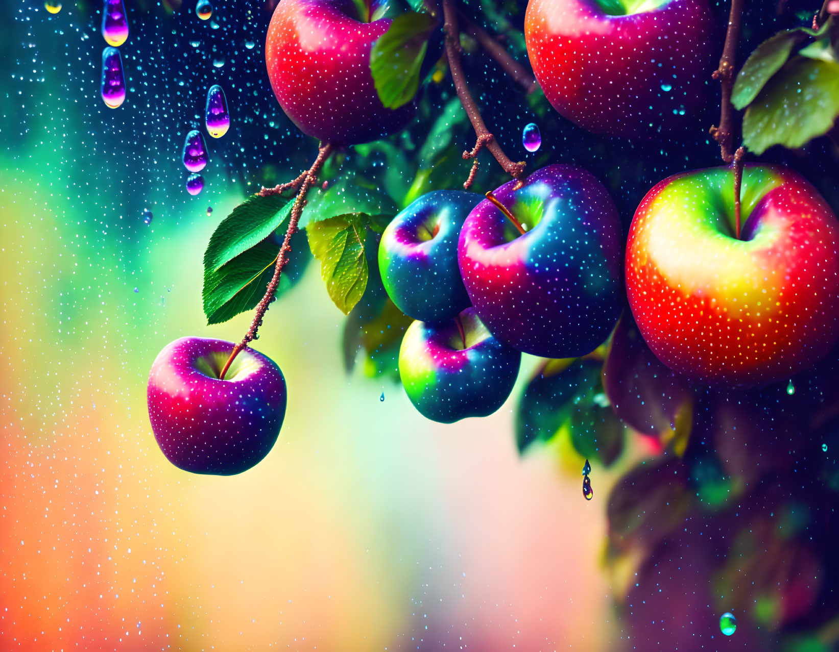 Fresh Ripe Apples on Branch with Water Droplets and Vibrant Bokeh