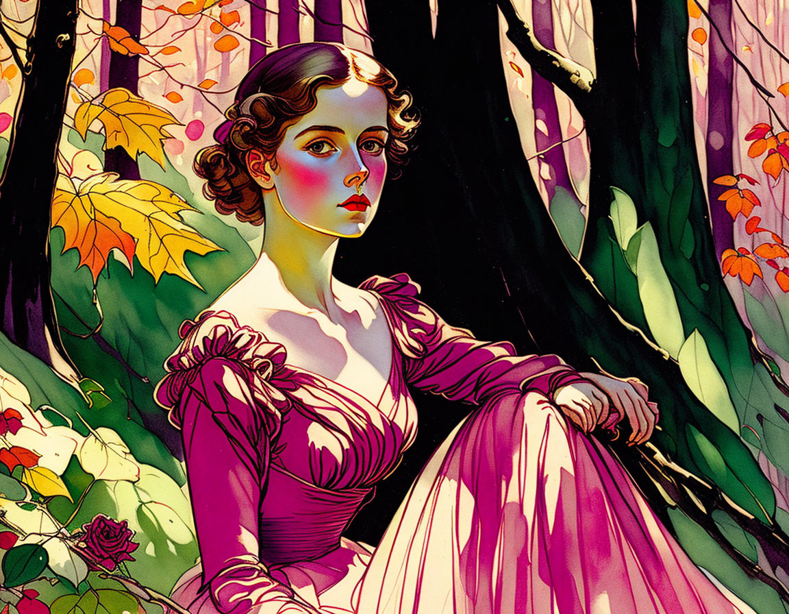 Victorian woman in colorful forest with autumn leaves and sunset shadows