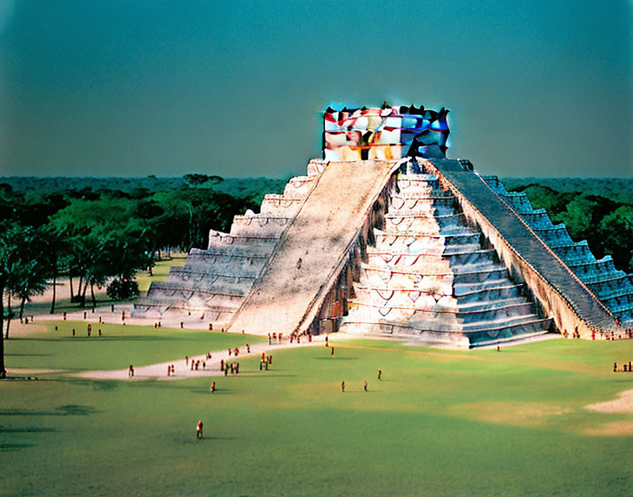 Colorful modern art installation atop pyramid in forest setting