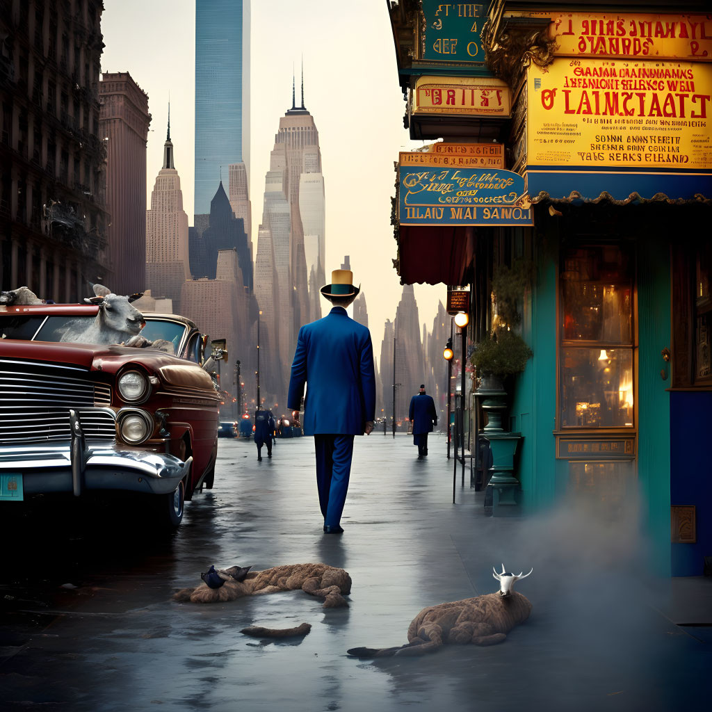 Man in Blue Suit Walking on Vintage City Street with Classic Cars, Dog, and Deer