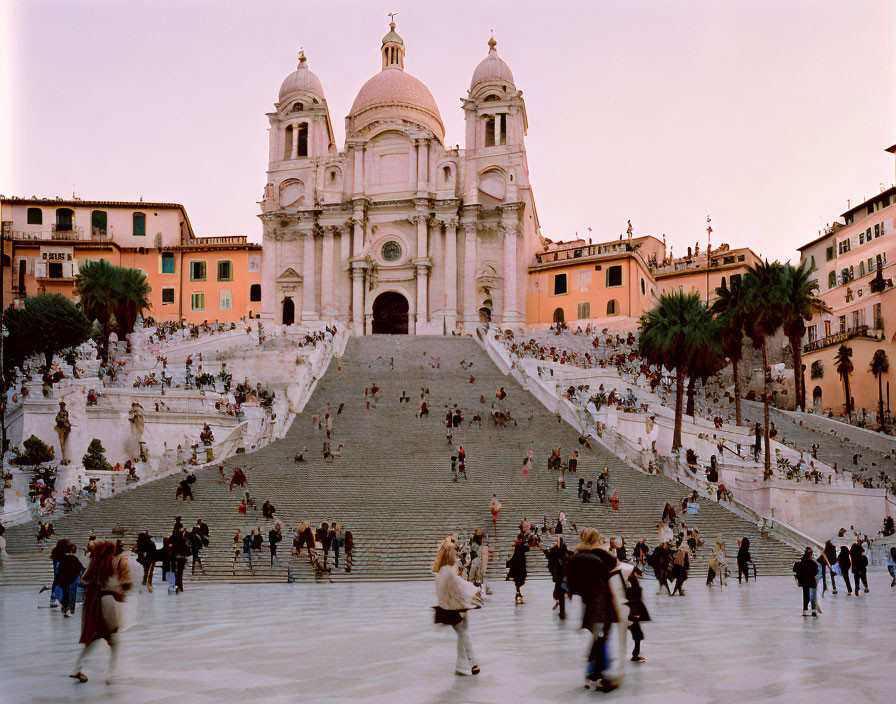 Crowded Spanish Steps scene at dusk