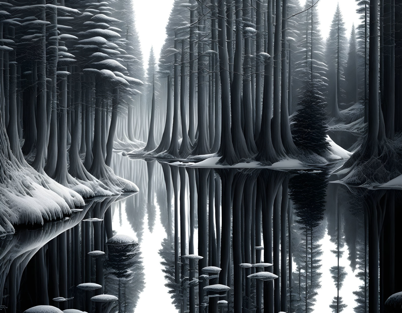 Snow-covered pines reflected in serene water: Monochrome forest scene