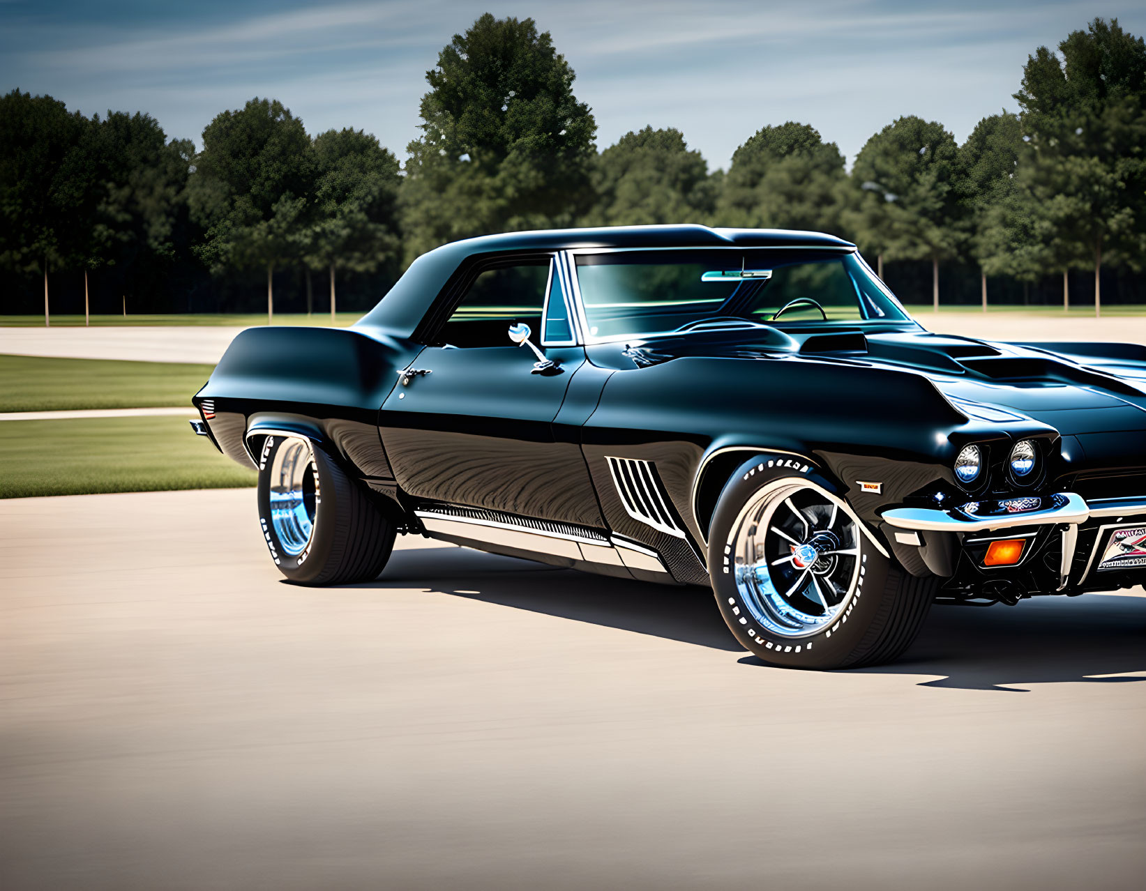 Vintage black muscle car with chrome accents and blue-rimmed wheels on asphalt, set against clear sky