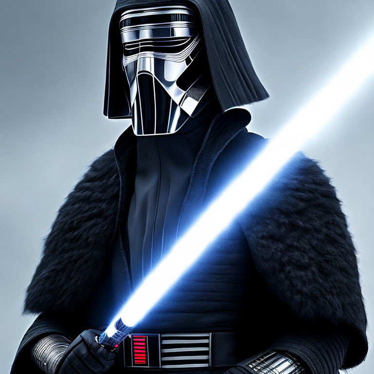 Person in black outfit with mask and cape holding blue lightsaber on gray background