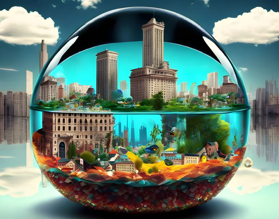 Surreal fishbowl with cityscape and underwater scene