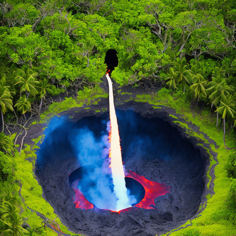 Volcanic eruption with molten lava fountain in lush green forest