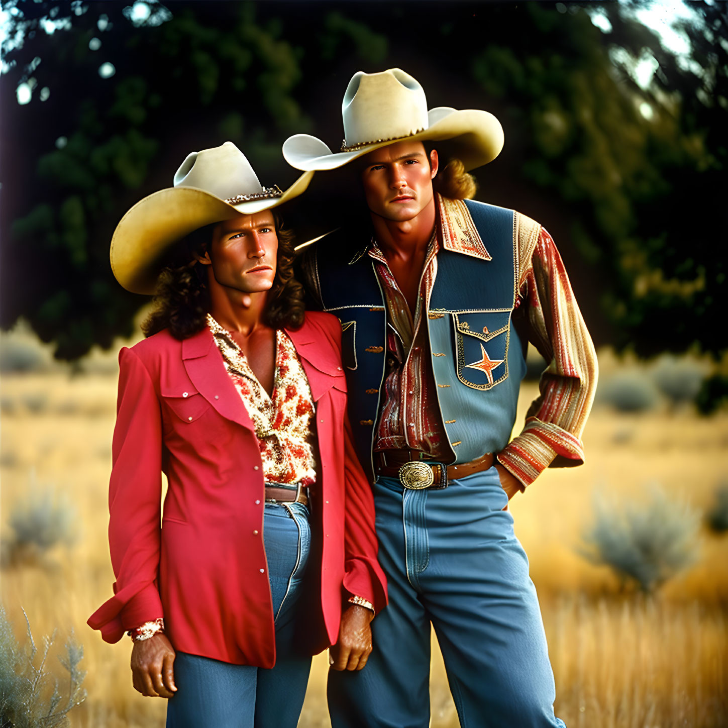 Two Men in Cowboy Hats and Western Attire Standing in Field