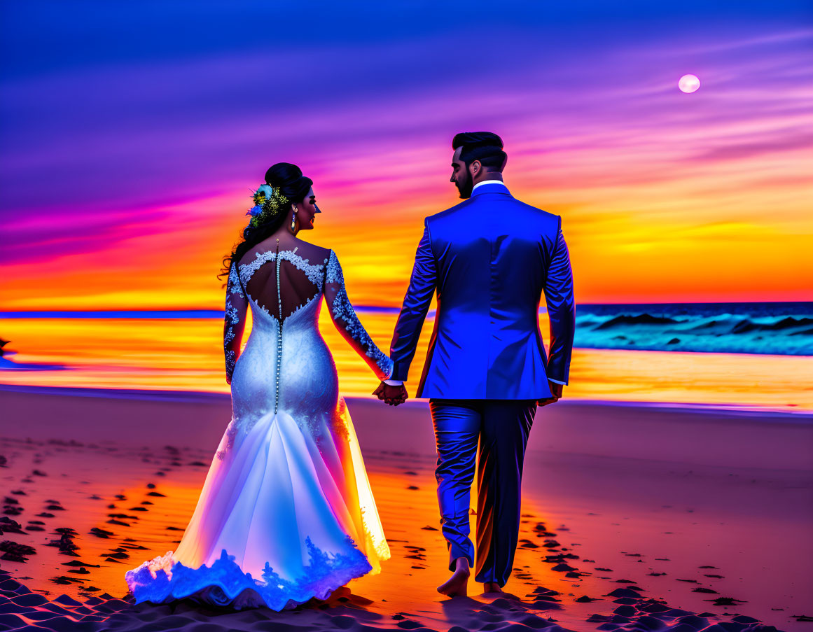 Wedding couple holding hands on beach at sunset with vibrant sky and full moon